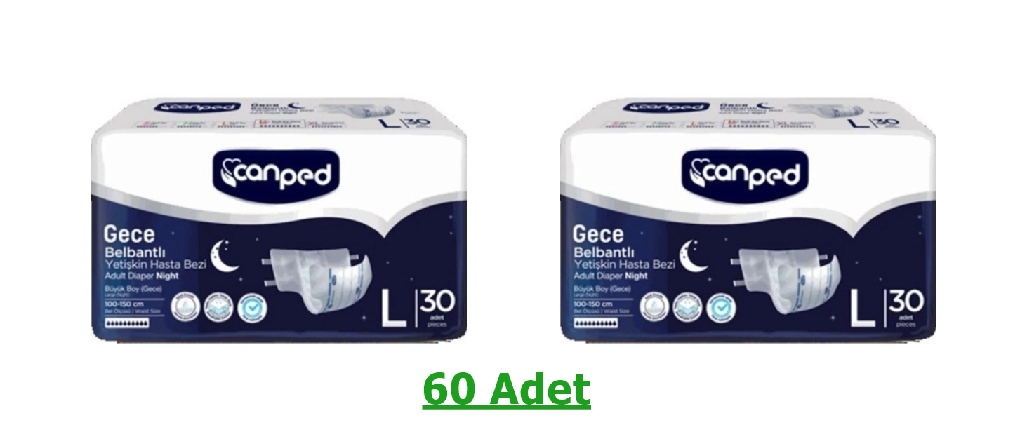 Canped Gece Belbantlı Yetişkin Hasta Bezi Büyük Boy (L) 60 Adet – Yüksek Emicilik | Gece Boyu Kuruluk