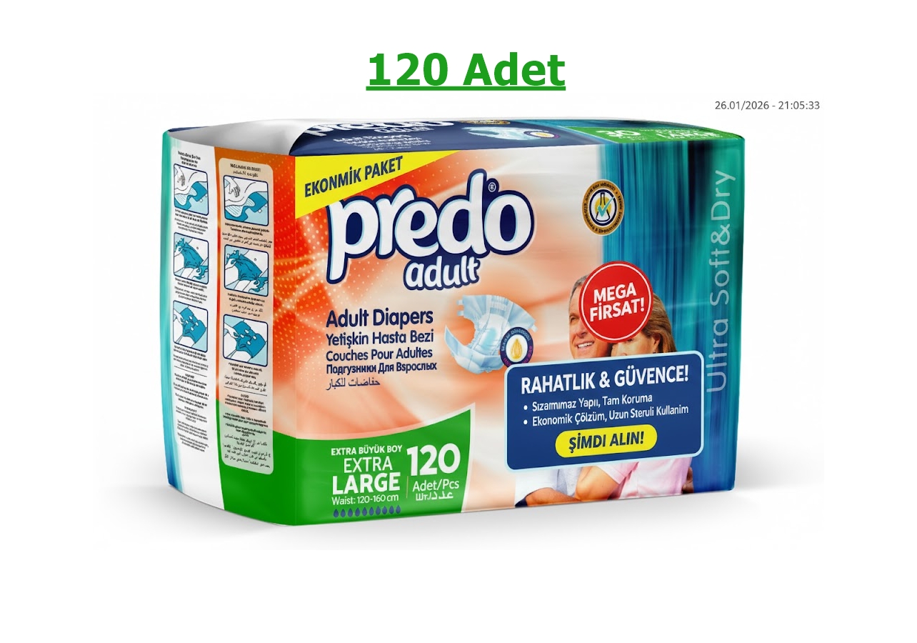 Predo Yetişkin Hasta Bezi Belbantlı XL (XLarge) 120 Adet – Yüksek Konforlu Koruma
