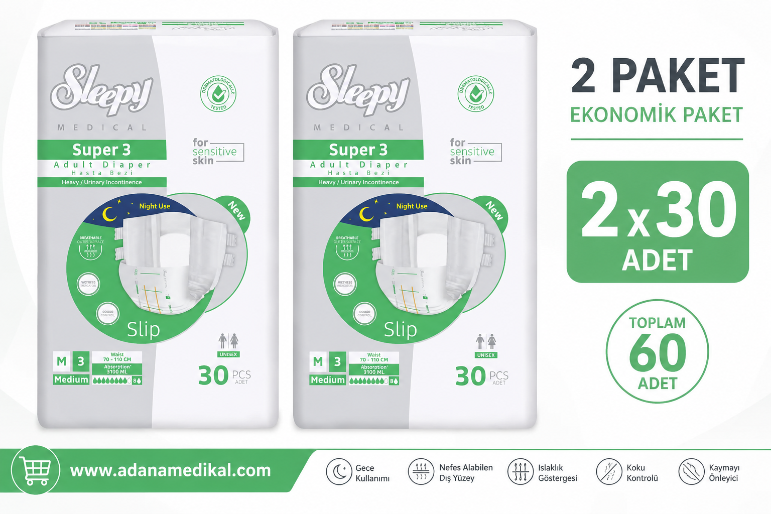 Sleepy Medical Süper 3 Çok Yüksek Emici Belbantlı Hasta Bezi Medium (M) 60 Adet (2 Paket)